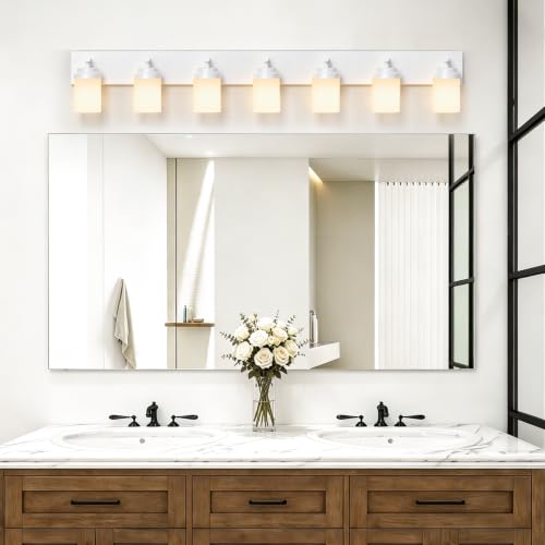 Image of IZORRO Bathroom Light Fixture White, White Glass Shade 52-Inch 7-Light