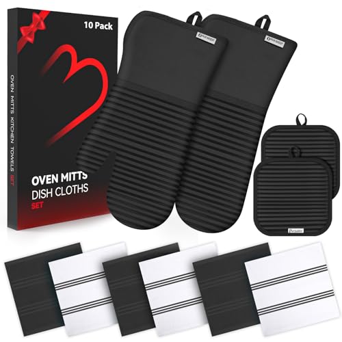 Oven Mitts and Pot Holder Sets with Silicone Grip, 500&deg;F Heat Resistant-6 Pack Dishcloth/Dish...