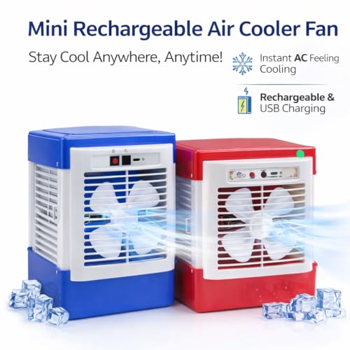 Image of DRUMSTONE ( 2026 Brings 15 Years Warranty ) Mini AC Portable Air Cooler Rechargeable with 1.5L Tank, USB Cooling Fan, Personal Desk AC for Room Office Travel, Battery Powered Cooler Fan
