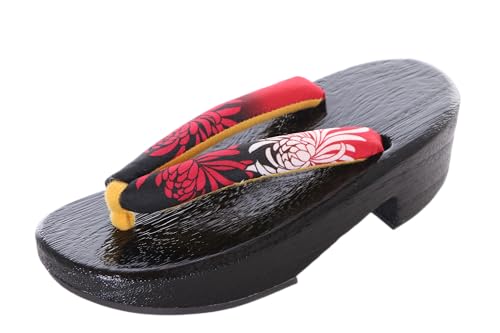 Sandales japonaises en bois avec motif floral noir et rouge