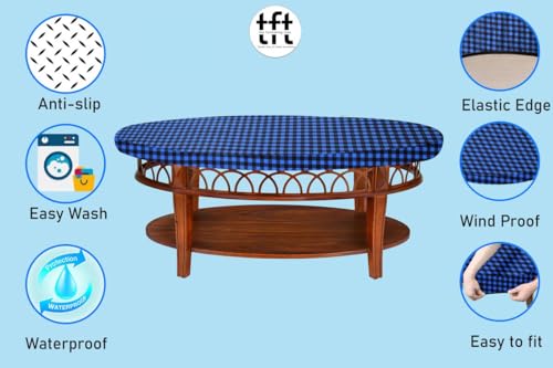 Image of The Furnishing Tree Elastic Oval Center Table Cover WxL 18x60 in Inches Polyester Checkered Pattern Blue