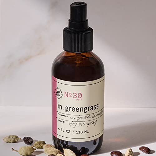 M. Greengrass Dry Oil Spray - Moisturizing Body Oil For Face, Hair, And Skin - After Shower Mist For Men And Women - Non-Greasy - 4 Oz. - Cruelty & Paraben Free - Cardamom Lavender #TOP3