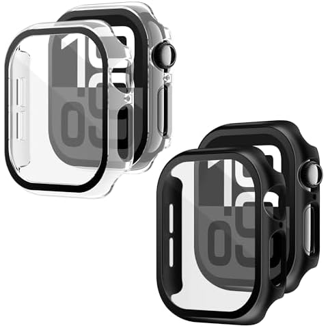YUVIKE 2-Pack Protective Watch Case, Hard PC Watch Screen Protector，Tempered Glass Film Face Cover for Apple Watch Series 10 46mm (Black/Clear, 46mm) Cover