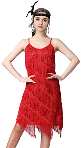 Image of Women 1920s Gatsby Flapper Dress Sexy Open Back Strap Fringed Cocktail Party Dress with 20s Accessories