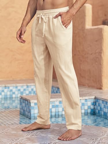 Image of PASLTER Mens Cotton Linen Pants Casual Summer Beach Pants Dress Trousers