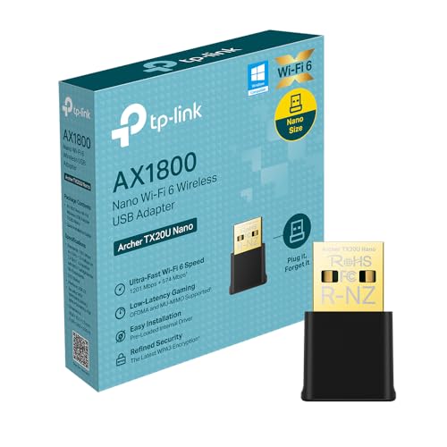 TP-Link Archer TX20U Nano Adaptateur USB Wi-FI 6 AX1800, Double-Bande 2,4/5 GHz, Taille nanométrique 26,8 × 15,7 × 7,5 mm, WPA3, OFDMA, MU-MIMO, Compatible avec...