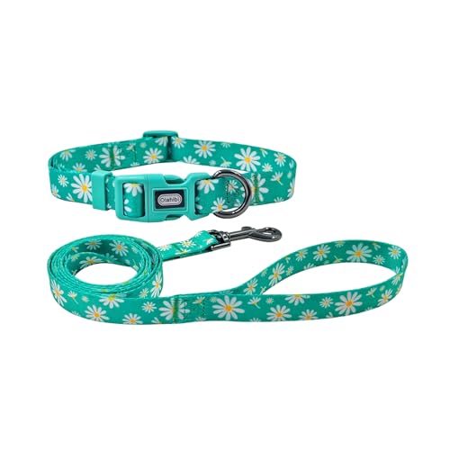 Olahibi Dog Collar and Leash Combo Set, Floral Pattern, Polyester Material, 150CM Matching Leash, for Small Dogs.(S, Green Daisy)