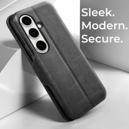 Image of PULOKA for Samsung Galaxy S24 - Sleek Flip Case - Premium Vegan Leather Phone Cover with Card Slot - Slim, Durable, Privacy Protection - Kickstand Function - Elegant Flip Wallet Cases - Black