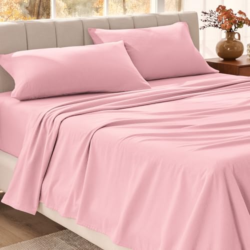 Bare Home Organic Cotton Flannel Sheet Set - Twin XL Size - 100% Cotton - Double Brushed for Extra Softness & Comfort - Warm Cozy and Durable - Breathable - Bed Sheets (Twin Light Pink)