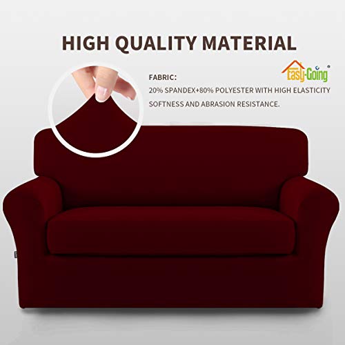Image of Easy-Going 2 Pieces Stretch Loveseat Couch Sofa Slipcover Washable | Spandex Soft Fitted Sofa Couch Cover for Sofa Furniture Protector with Bottom Kids,Pet Dog Wine