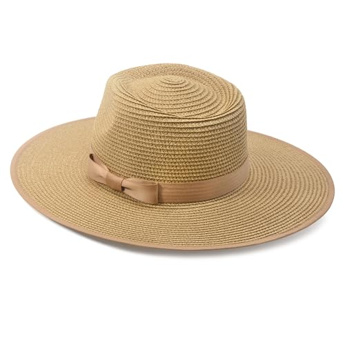 Image of FLUFFY SENSE. Unisex Wide Brim Sun Hat Straw Panama Rancher Fedora Hat for Men Beach Hat for Women