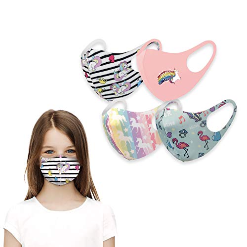 Girl's Fashion Unicorn Themed Protective Face Covering Gear Super Light Breathable Selection (Pack of 4 KM65, 63, 64, 60)