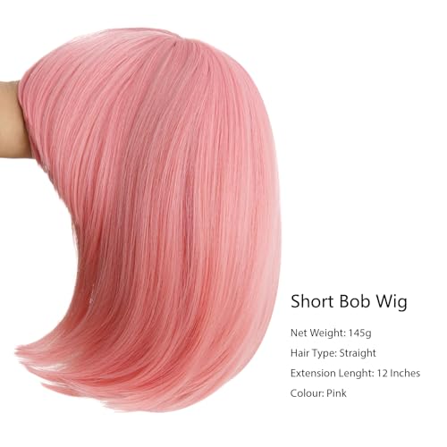 Image of Rose bud Pink Wig Bob Straight 12 Inch Short Hair Cosplay Wigs for Women Costume Party Halloween