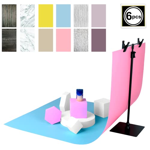 6 Pieces 12 Patterns Food Photography Backdrops Paper with Stand 22x34in Waterproof Wood Marble Brick Pink Background Studio Shooting Small Products Flat Lay Props