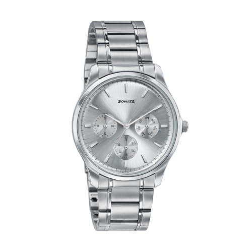 Image of Sonata Axis with Quartz Analog Silver Premium Multifunction Design Dial IPS Strap Watch for Men - 77163SM03