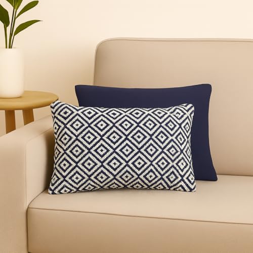 Image of Navy 12x20 Inch Reversible Pack of 2 Cotton Argyle Weaved Throw Pillow Covers for Couch Sofa Bed Home Decoration Restaurant | Size 30 x 50 cm
