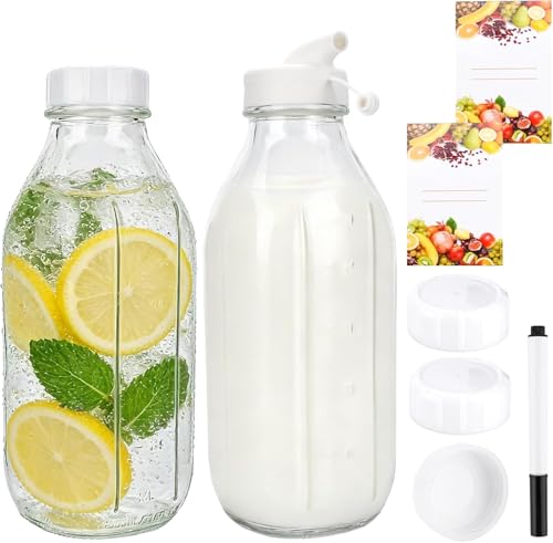 TEGOVE 2 botellas de leche con tapa, botellas de cristal de 1 litro para rellenar