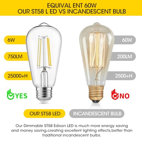Image of Gozelux Edison Light Bulbs 60W Equivalent, Dimmable Vintage LED Light Bulbs, E26 Medium Base, Cool White 4000K, ST58, 6W, 750LM, 90+ CRI, Antique Decorative Filament LED Bulb, Clear Glass, Pack of 4