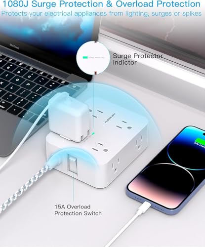 Surge Protector Power Strip, HANYCONY 8 AC Outlets and 4 USB Ports (2 USB-C), 5Ft Flat Extension Cord, Wall-Mountable Outlet Extender, Desk USB Charging Station for Home Office Dorm Room Essentials - Image 4