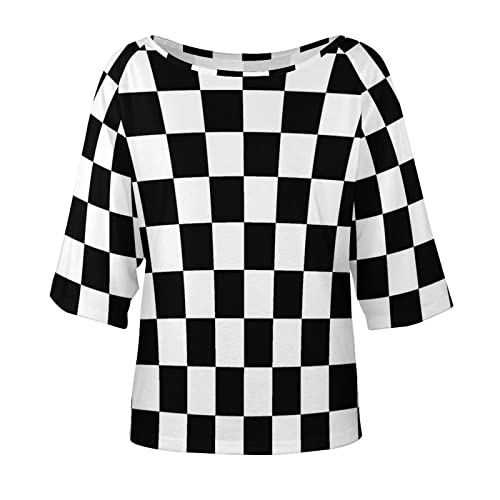 Black White Race Checkered Flag Pattern Womens Tops Sexy Off Shoulder Shirts Casual Short Sleeve T-Shirt3
