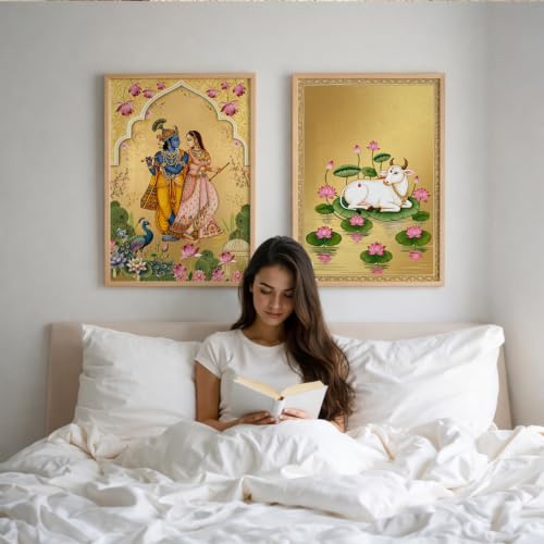 Image of Suneree Pichwai Radha Krishna Nandi Cow Gold Wall Art Painting | Set of 2 Framed Paintings | Traditional Indian Decor for Living Room Pooja Room Bedroom | (ART 8, 13x19 INCHES)