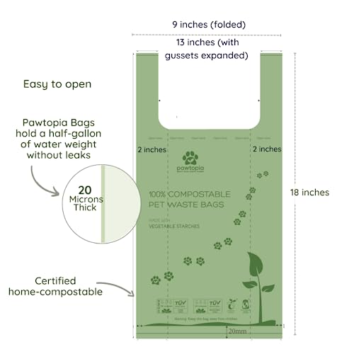 Image of Pawtria Home Compostable XL Poop Bags with Handles, 100 Bags, Mega Roll | Extra Large Leak-Proof Dog Poop Bags with Handles for Cat Litter, Yard Cleanup & Large Dogs