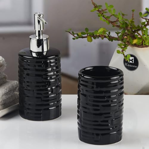 Image of Kookee Ceramic Bathroom Set - Stylish 2 Piece Bath Accessories Kit with Soap Dispenser, Toothbrush Holder - Modern & Designer Decor for Home & Guest Bathrooms, Black (11115)