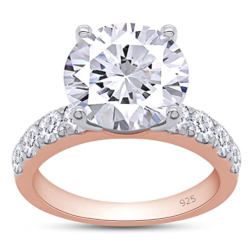 SAVEARTH DIAMONDS Moissanite Engagement Ring, Total 4.3cttw D Color Lab Created Diamond Round Cut, 14K Gold Plated Sterling Silver Promise Anniversary Ring for Women