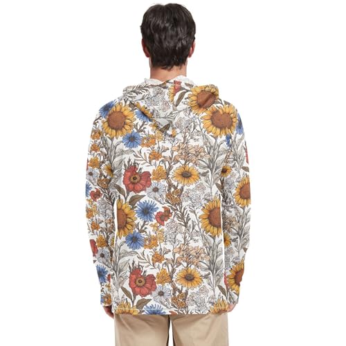 Retro Sunflower Zinnia Hyacinth White Mens Hoodies Shirts Long Sleeve Cooling Hoodies UPF 50 + Beach Shirt S3