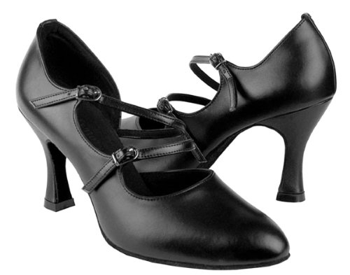 Very Fine Dance Shoes Women's Salsa Ballroom Tango Latin Dance Shoes Style PP201 Bundle with Plastic Dance Shoe Heel Protectors, Black Leather, Heel 3 Inch, 9 M US