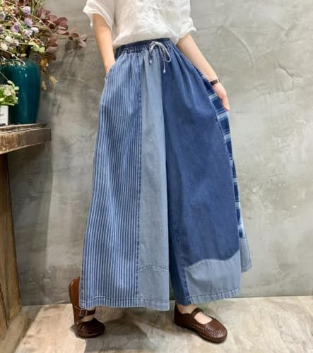 Womens Casual Loose Cropped Jeans Wide Leg Denim Pants Skirts Vintage Pants Trousers Elastic Waist with Pockets (US, Alpha, Small, Large, Blue Patchwork2)4