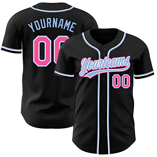 Camiseta personalizada de béisbol para hombres, mujeres y niños, negra y rosada, con nombre, número y logo bordados miniatura 1