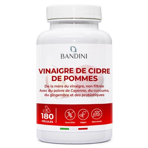Bandini® Complexe Vinaigre De Cidre 1860mg Avec Mère - 180 Gélules Vegan - Enrichi en Probiotique Flore Intestinale, Gingembre, Piment de Cayenne, Curcuma - Apple Cider Vinegar Complex Diet - 2 mois