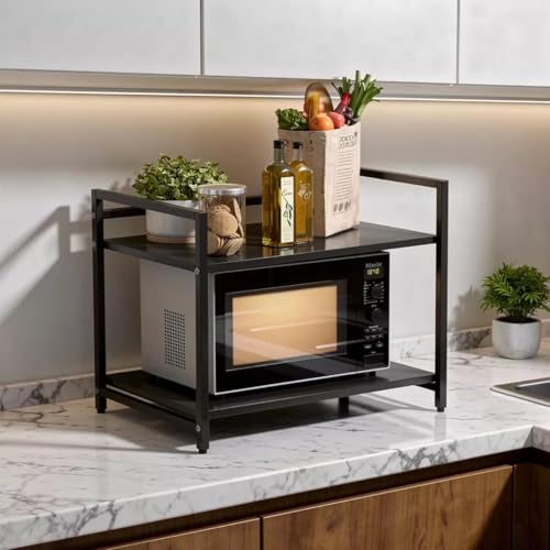 Image of wow craft Heavy Duty Metal Microwave Stand (Black) | 2-Tier Kitchen Countertop Storage Rack for Oven, Air Fryer & Pantry | Space Saving Multi-Purpose Organizer Shelf (64x40x51 cm)