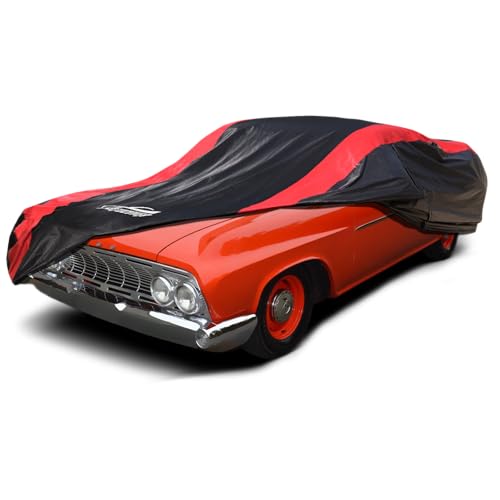 Image of Car Cover Custom Fit for Plymouth Fury 2-Door 4Door 1965-1972 & 1979-1989 | Red Strip Design, Cotton Liner for Paint Protection, Sun Rain Snow UV Proof, Door Zipper, Windproof Buckle, Storage Bag