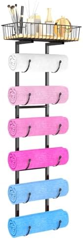 Simple Trending 7 Tier Towel Rack Organizer for Bathroom, Top Basket with Wood Shelf and Towel Organizer, Wall Mounted Towel Rack, Black