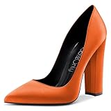 NobleOnly Women High Chunky Block Heel Pointed Toe Slip-on Pumps Court Shoe Dress Sexy Wedding 12 CM Heels Orange Satin 9 UK