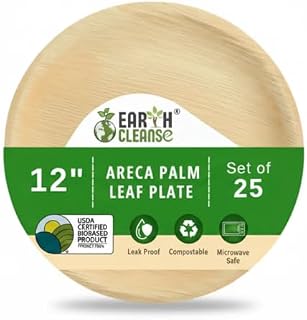 Earth Cleanse Compostable Shallow Palm Leaf Plates 12 Inch Round (25 Pack) | Disposable Biodegradable Plates Like Bamboo & Wooden | Microwave & Oven Safe | Eco-Friendly Dinnerware for Parties & Events