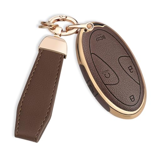 QBUC for Hyundai Key Fob Cover with Key Chain Upper Leather + Soft TPU Car Key Case for Hyundai Ioniq 6 Grandeur GN7 KONA Elanrtra Santa Fe Tucson (2023-2025) Sonata (Brown 5 Buttons)
