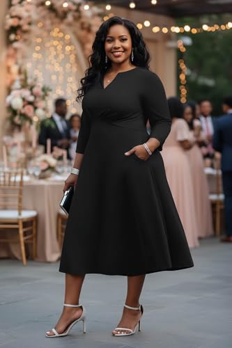 Image of Nmoder Women's Plus Size Stretchy Flared Wrap Dress Casual Wedding Guest Midi Dresses V Neck 3 /4 Sleeve A-Line Swing Dress
