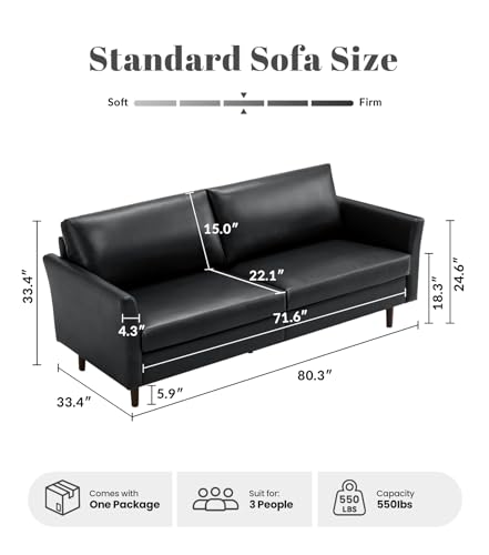 Image of Kingfun 80 inch Faux Leather Sofa Couch, Mid Century Modern Leather Couch with Rolled Arms and Deep Seats, Brown Leather Sofa for Living Room, 3-Seater Couch for Apartment, Office and Bedroom, Black