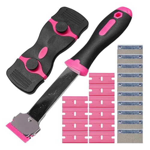 Tuxihapp 2PCS Razor Blade Scraper - Car Windshield Window Cleaning Scraper Tool with 10 Plastic & 10 Metal Blades - Multi-Purpose Glass Scrapers for Sticker, Label, Cooktop, Paint Removal (Pink-2PCS)