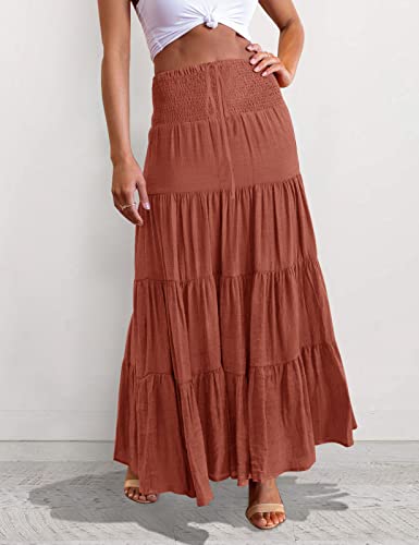 Haeof Women's Summer Elastic High Waist Boho Maxi Skirt Casual Drawstring A Line Long Skirt Caramel Small #TOP7