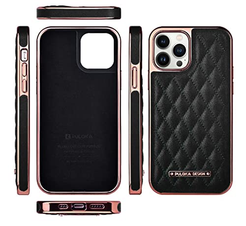 Image of PULOKA iPhone 14 PRO MAX Vegan Leather Back Cover Royal Diamond Pattern with Electroplated Case Compatible for Apple iPhone 14 PRO MAX 6.7 inchinch - Black