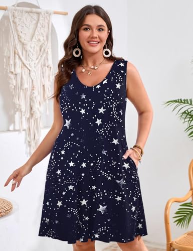 Image of JollieLovin Women Plus Size Curvy Summer Tank Sun Dresses Sleeveless Causal T-Shirt Dress Beach Swing Cover up(L-5X)