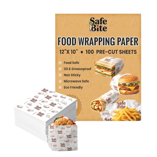 Image of Food Wrapping Paper Sheets 12x10 inch - Greaseproof Foil Paper for Food Wrap | Wrap Roti, Burger, Chapati, Sandwich and Fries - Pack of 100 | Butter Paper Sheets