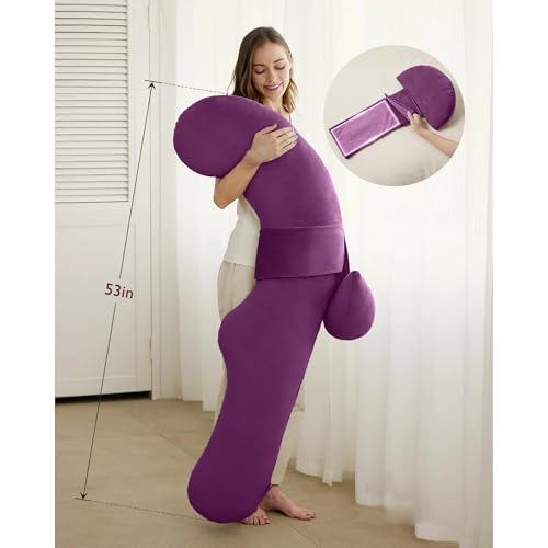 Image of J-Shaped Sleeping Pregnancy Pillow| Removable Velvet Covers| PregnoCare Fibres| Maternity, Nursing| Full Body Soft-Support Bump, Head, Back, Shoulder, Hips, Legs and Belly (Purple)