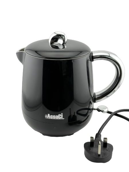 AddAcsaCi Electric Double Wall Black Kettle 600ml | Lightweight Small Electric Kettle, Cool Touch Exterior, Stainless Steel Interior, STRIX Thermostat, 1000W Quiet Boil Travel Kettle for Home/Students