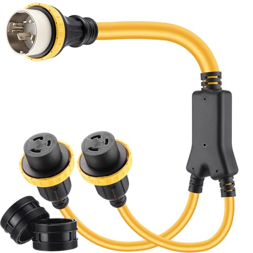 Kanayu 3FT Marine Shore Power Y Splitter SS2-50P Male 50A Plug to (2) 30A L5–30R Female, 50 Amp 125/250v to L5-30r Y Adapter with Locking Ring and Collar