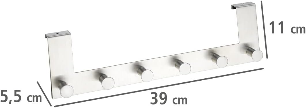 WENKO 4468060100 Door Clothes Rack Celano 6 Hooks, Metal Stainless Steel, 39 x 11 x 5.5 cm, Matt